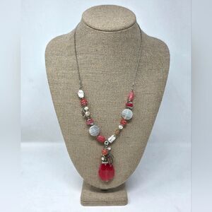 Chico's Chic Gemstone Statement Necklace Silver Tone Pink Adjustable NWOT
